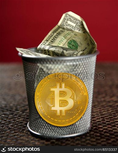 Bitcoin BTC on the dollar trash negative concept. Bitcoin BTC on the dollar trash cryptocurrency negative concept