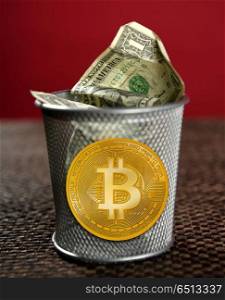 Bitcoin BTC on the dollar trash negative concept. Bitcoin BTC on the dollar trash cryptocurrency negative concept