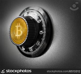 Bitcoin BTC safe steel box currency safety concept. Bitcoin BTC safe steel box currency safety concept metaphor