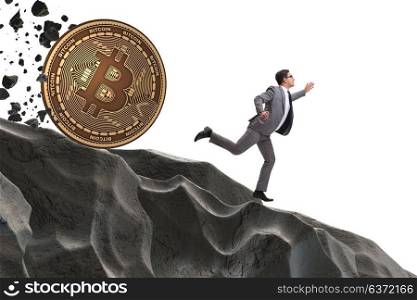 Bitcoin chasing businessman in cryptocurrency blockchain concept