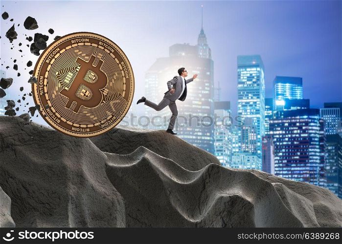 Bitcoin chasing businessman in cryptocurrency blockchain concept