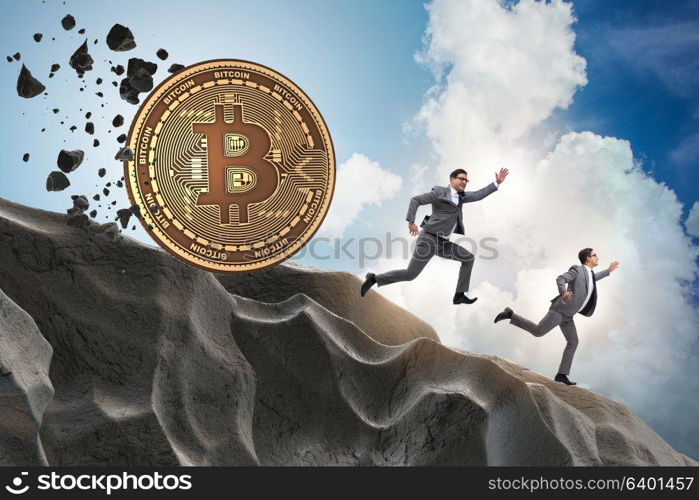 Bitcoin chasing businessman in cryptocurrency blockchain concept