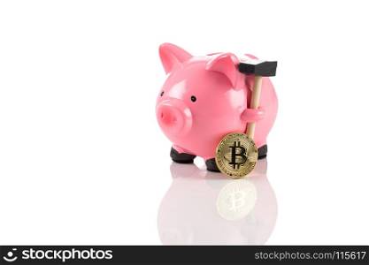 Bitcoin coin and a piggy bank, isolated on white