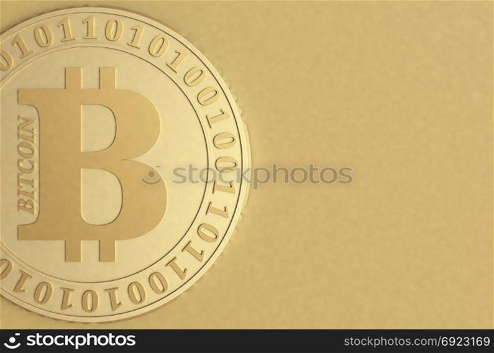 Bitcoin coin closeup on a blurred golden background, 3D illustration.