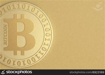 Bitcoin coin closeup on a blurred golden background, 3D illustration.