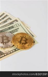 Bitcoin coin with dollars. Bitcoin coin with dollars on the white background