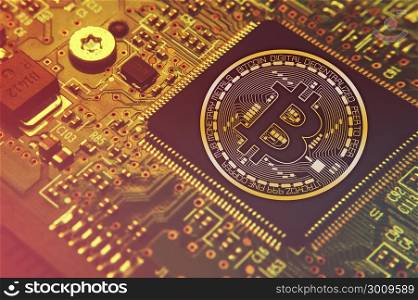 Bitcoin concept - Printed circuit board with bitcoin processor and microchips illustration