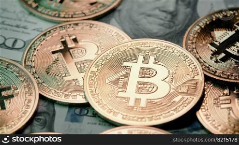 Bitcoin, crypto currency. Golden coins on bills of 100 usd, dollars. Digital exchange, popularity of BTC, symbol of future money, electronics industry, mining concept. High quality photo. Bitcoin, crypto currency. Golden coins on bills of 100 usd, dollars. Digital exchange, popularity of BTC, symbol of future money, electronics industry, mining concept.