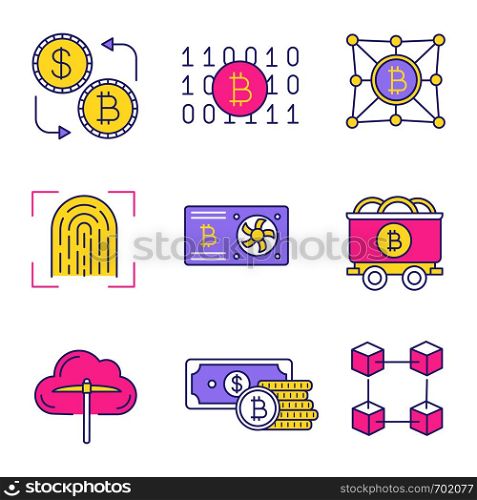 Bitcoin cryptocurrency color icons set. Graphic card, bitcoin exchange, binary code, fingerprint scan, mine cart, cloud mining, money, blockchain, fintech. Isolated vector illustrations. Bitcoin cryptocurrency color icons set