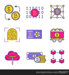 Bitcoin cryptocurrency color icons set. Graphic card, bitcoin exchange, binary code, fingerprint scan, mine cart, cloud mining, money, blockchain, fintech. Isolated vector illustrations. Bitcoin cryptocurrency color icons set
