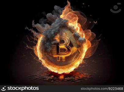 Bitcoin. Cryptocurrency.Digital money burning banner illustration. AI generative.