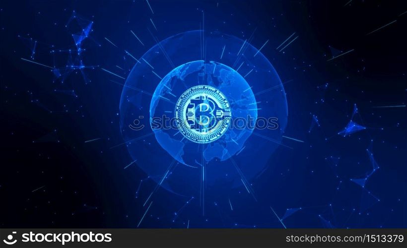 Bitcoin Cryptocurrency in Digital Cyberspace. Technology Network Money Exchange. Earth element furnished by Nasa