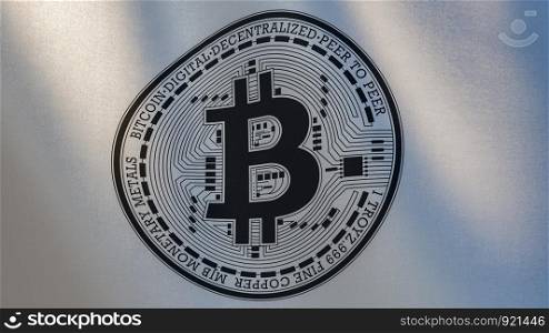Bitcoin cryptocurrency logotype on waving white flag. 3d illustration
