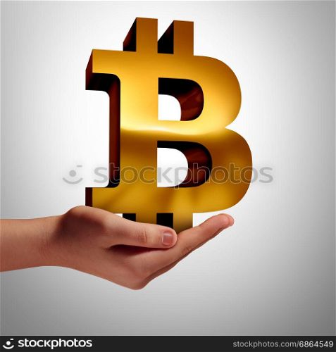 Bitcoin currency and symbol of cryptocurrency digital internet currency economic concept as a human hand holding online electronic money in a financial trade or transaction from a banking database market as a 3D illustration.