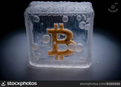 Bitcoin frozen inside ice cube, Bitcoin price crisis concept. Neural network AI generated art. Bitcoin frozen inside ice cube, Bitcoin price crisis concept. Neural network generated art