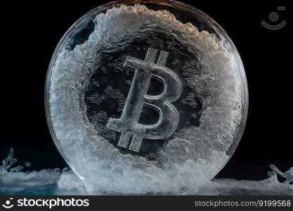 Bitcoin frozen inside ice cube, Bitcoin price crisis concept. Neural network AI generated art. Bitcoin frozen inside ice cube, Bitcoin price crisis concept. Neural network generated art