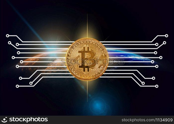 Bitcoin mockup with network circuit line over Part of earth with sun rise and lens flare background, cryptocurrency and innovation concept, Elements of this image furnished by NASA