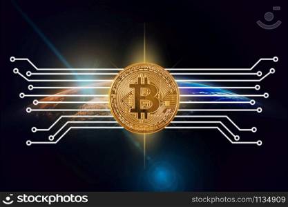 Bitcoin mockup with network circuit line over Part of earth with sun rise and lens flare background, cryptocurrency and innovation concept, Elements of this image furnished by NASA