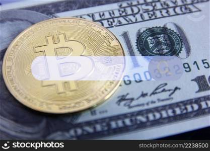 bitcoin on American dollar bank note with searching sign
