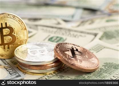 bitcoin pile top dolar bills. Resolution and high quality beautiful photo. bitcoin pile top dolar bills. High quality beautiful photo concept