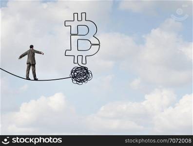 Bitcoin rise and cryptocurrency uncertainty and digital crypto currency as a financial concept as a businessman on a tightrope in a 3D illustration style.