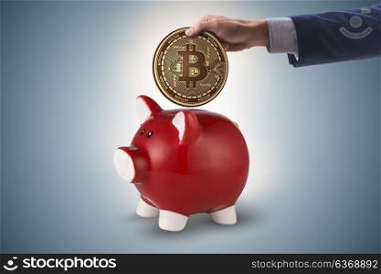 Bitcoin saving with piggybank in business concept