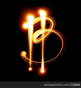 Bitcoin sign over black background. Light drawing