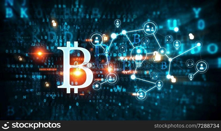 Bitcoin symbol and connection lines as concept for cryptocurrency. 3d rendering. Cryptocurrency background concept