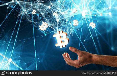 Bitcoin symbol and connection lines in male hand as concept for cryptocurrency. 3d rendering. Cryptocurrency background concept