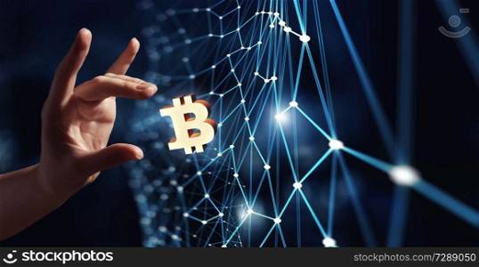 Bitcoin symbol and connection lines in male hand as concept for cryptocurrency. 3d rendering. Cryptocurrency background concept