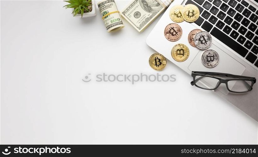 bitcoin top laptop flat lay