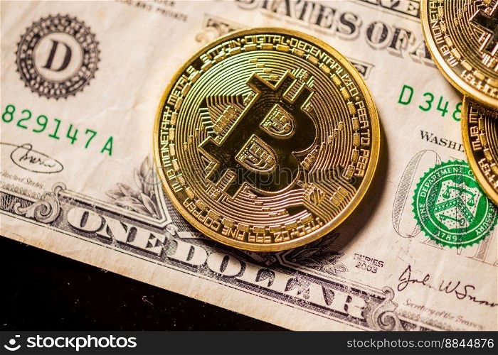 Bitcoins on outdated obsolete dollar bills, old vs new