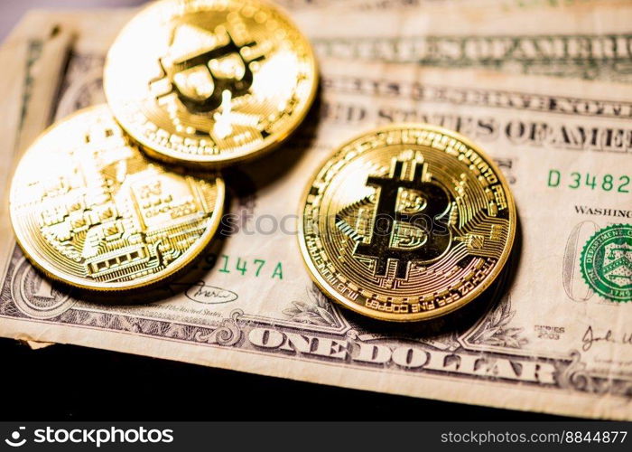 Bitcoins on outdated obsolete dollar bills, old vs new