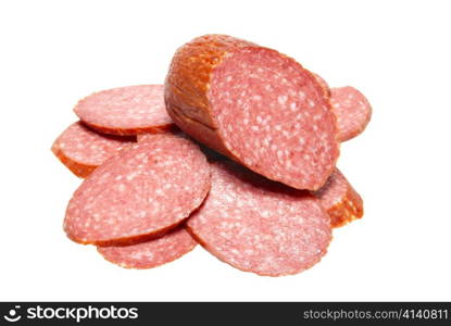 Bits of summer sausage isolated on white.