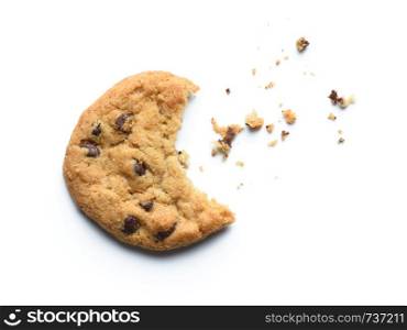 Bitten chocolate chip cookie. Isolated on white background.
