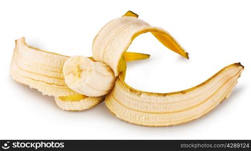 Bitten ripe banana isolated on white background