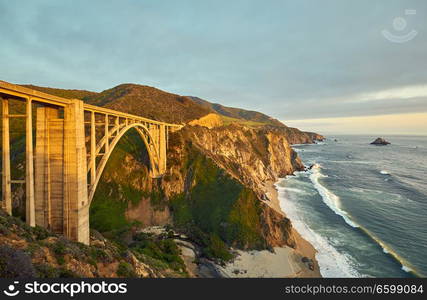 Bixby Creek Bridge on Highway 1 at sunset. Big Sur Area, California, USA.