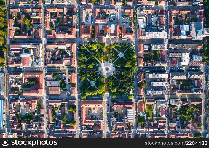 Bjelovar city center and central square aerial view, Bilogora region of Croatia