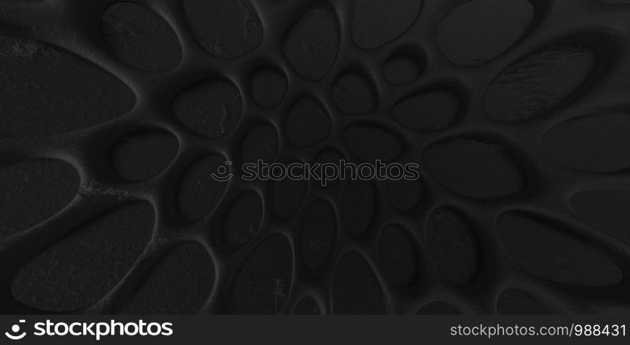 black abstract 3d design background, organic shape rounded with hole and texture on surface. wallpaper or texture. 4k resolution. 3d illustration