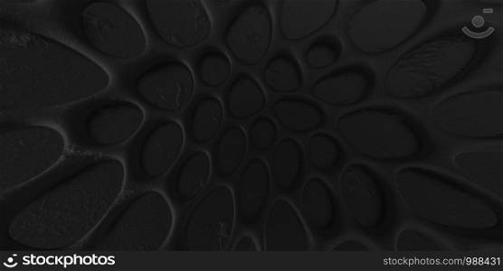 black abstract 3d design background, organic shape rounded with hole and texture on surface. wallpaper or texture. 4k resolution. 3d illustration