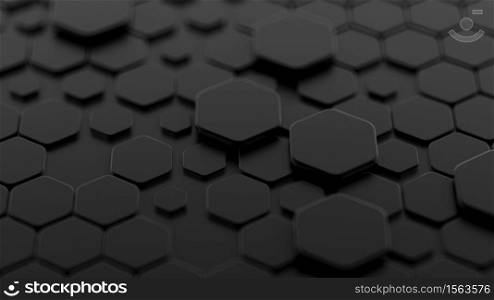 Black, abstract background with hexagons. 3d rendering, 3d illustration.. Black, abstract background with hexagons. 3d illustration, 3d rendering.