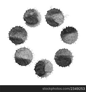 Black abstract design element. Stains and drops frame isolated on white background. Abstract hand drawn circle dots frame.. White circle frame with spray paint black blots.