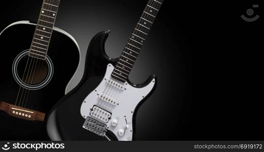 Black acoustic and electric guitars on a black background.