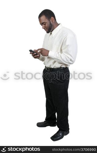 Black African American business man using a cell phone for texting