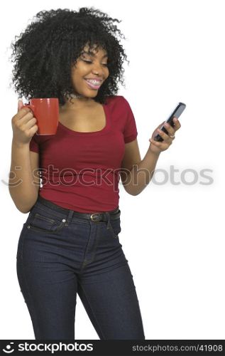 Black African American woman using a cell phone will holding coffee