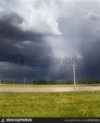 Black and cloudy sky during a storm in the green fields. The rain can be seen falling from the sky.