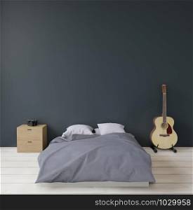 black and dark green modern bedroom with guitar sideboard and camera, mock up, copy space , 3d rendering