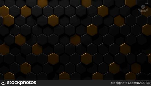 Black and gold hexagon texture background 3D render