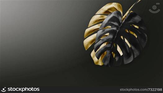 Black and gold tropical leaves arrangement at dark gradient background with copy space. Creative exotic botanical design. Template for luxury and glamour products, events , promotion or advertising