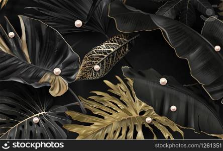 black and gold tropical leaves on dark marble background Luxury exotic botanical. black and gold tropical leaves on dark background Luxury exotic botanical